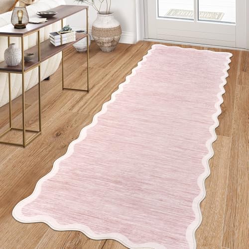 GarveeHome Scalloped Washable Runner Rug 2x6 Non Slip Kitchen Rug, Pink