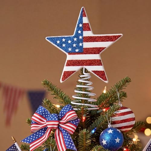 Gejoy 6 Inch 4th of July Tree Topper 250th Anniversary Glitter Star Tree Topper Patriotic American Flag Red White Blue Trees Decor for Indoor Outdoor Home Office Independence Day Memorial Day Decor