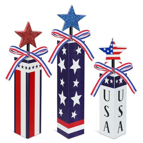 3 Pcs Patriotic Wooden Table Decor, 4th of July Tiered Tray Decor, Red White Blue Star Firework Centerpieces, USA Flag Wooden Blocks for Independence Day Memorial Day Home Decor