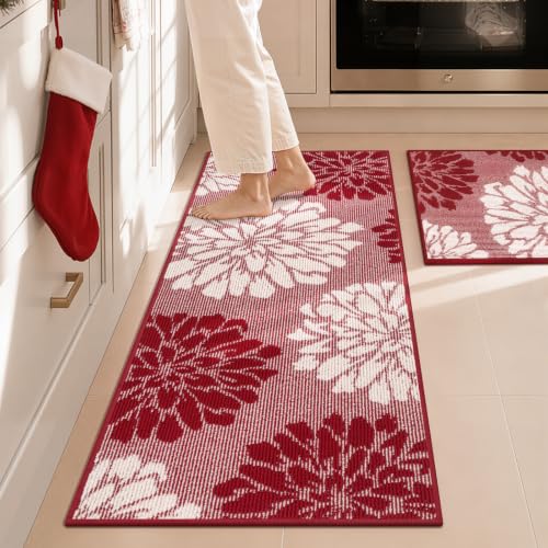 Findosom Christmas Kitchen Rugs Sets of 2, Floral Washable Kitchen Runner
