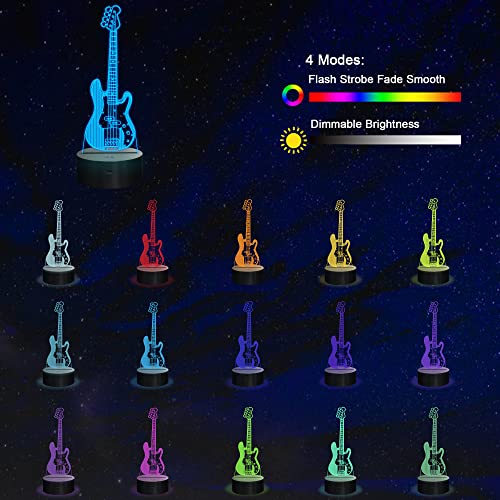 YuanDian Guitar Night Light, Electric Bass Guitar 3D LED Illusion Lamp, 16 Colors USB Powered & Battery Powered Touch Control with Remote, Creative Gifts for Teen Bass Player Music Lovers