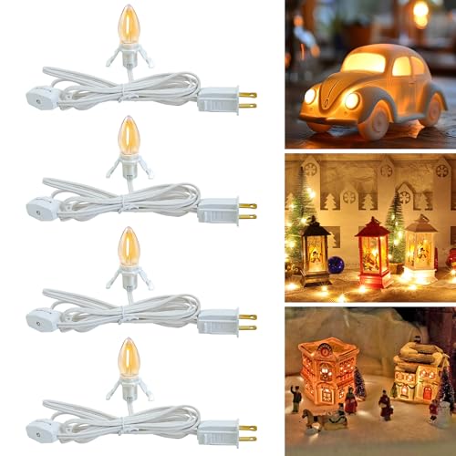 Set of 4 Accessory Cord with One Led Light Bulb 6Ft Blow Mold Light IndoorString Lights, C7 Lamp with Spare Fuse for Halloween and Christmas Decorations, Craft Village House Decoration