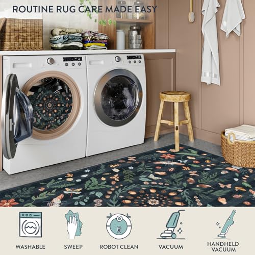 Lahome Washable Insect Botanical 2'6"x10' Runner Rug for Entryway - Machine Washable Non-Slip Hallway Runner Rug, Black Boho Low Profile Soft Faux Wool Carpets for Bedroom, Hallway, Laundry, Kitchen