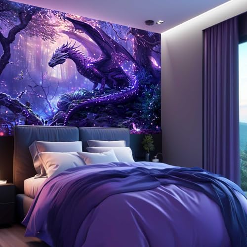 MERCHR Purple Dragon Tapestry Medieval Fantasy Animal Cool Tapestry Wall Hanging for Bedroom Aesthetic, Psychedelic Magic Forest Tree Tapestries for Living Room Dorm Decor 60x40 Inch