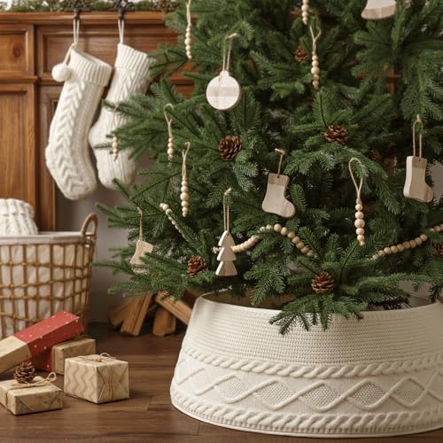 Knitted Christmas Tree Collar: Cream Crossed Diamond Edge Chunky Cable Knit Christmas Tree Collars for Artificial Trees, Farmhouse Rustic Tree Ring Tree Skirt for Christmas Home Décor