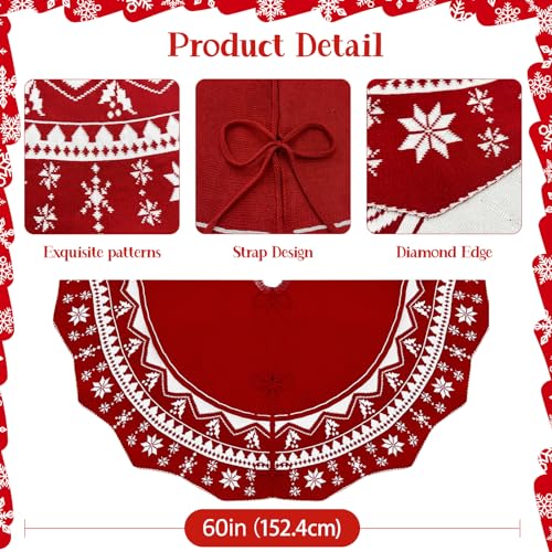 Christmas Tree Skirt 60 Inch, Double-Sided Knit Red Tree Skirt with Snowflakes Patterns Large Knitted Xmas Tree Skirt Rustic for Christmas Trees Party Holiday Christmas Decorations
