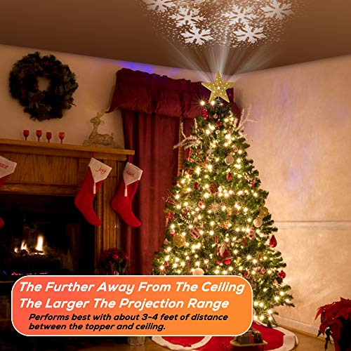 IPOW LED Snowflake Projector Star Christmas Tree Topper, 11.3'' Golden Glittered Star Treetop Lighted Rotating Snow Flake for Christmas Tree Decoration, Ideal as LED Night Light Projector for Children