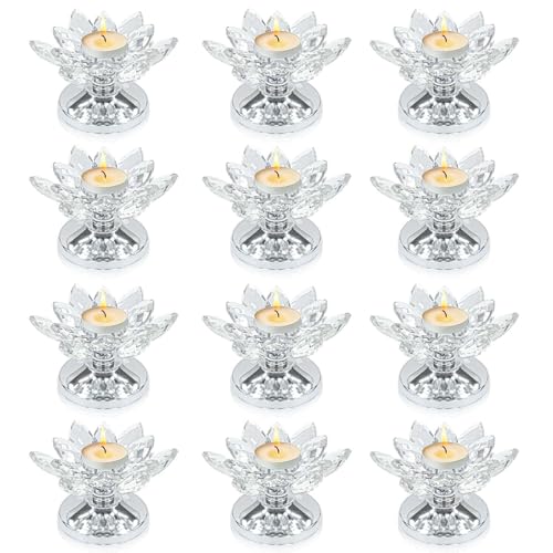 12 PCS Silver Crystal Flower Tea Light Holder, Bulk Glass Tealight Candlestick with Metal Base, Votive Candle for Table Centerpiece, Wedding,Parties Decor, Nice Gift