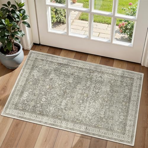 Modern Faromhouse Neutral Entryway Rug 2x3, Washable Non Slip Kitchen Bathroom Rugs, Transitional Small Rug for Bedroom Soft French, Low Pile Thin Door Mat Indoor Entrance, Gray/Beige/Olive