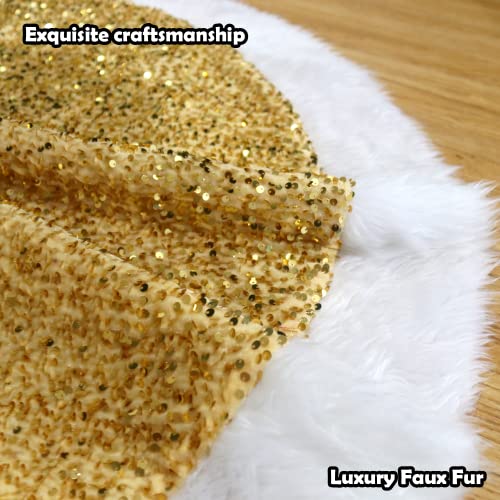 Christmas Tree Skirt 48 inch Shiny Gold Sequin Sparkly with Faux Fur Plush Tree Mat for 5-7FT Large Xmas Tree Christmas Tree Decorations for Holiday Home Decor Party