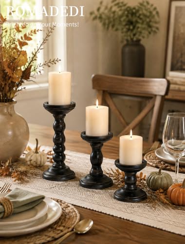 Romadedi Solid Wood Pillar Candle Holder, Black, Set of 3, 8.3/5.9/3.9-in