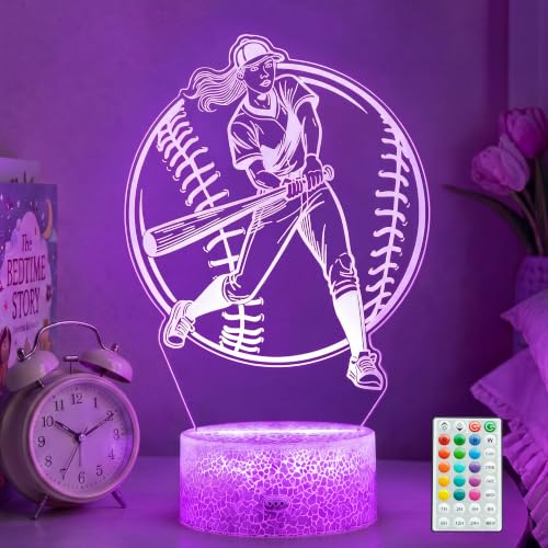 Softball Night Light, Softball Gifts for Girls, 3D Illusion Lamp with Remote Control, 16 Colors Changing, RGB Flashing Mode and Dimmable, Softball Accessory Gifts for Girls Christmas Decor