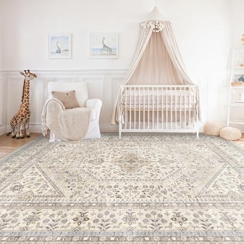 10x12 Washable Area Rug for Living Room - Non-Slip Vintage Rugs Beige Gray
