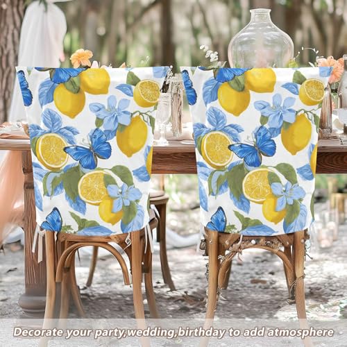 ALAZA Lemons Blue Butterfly Chair Back Cover Set of 2, Washable Reusable Removable Chair Slipcovers Decorative Chair Cover for Home Kitchen Wedding Party