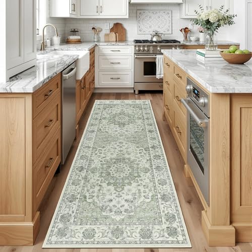 3x8 Non-Slip Washable Kitchen Vintage Runner Rug, Sage Green