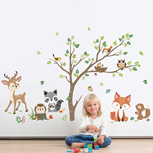 decalmile Woodland Animals Tree Wall Stickers Fox Deer Owl Wall Decals Baby Nursery Kids Bedroom Living Room Wall Decor