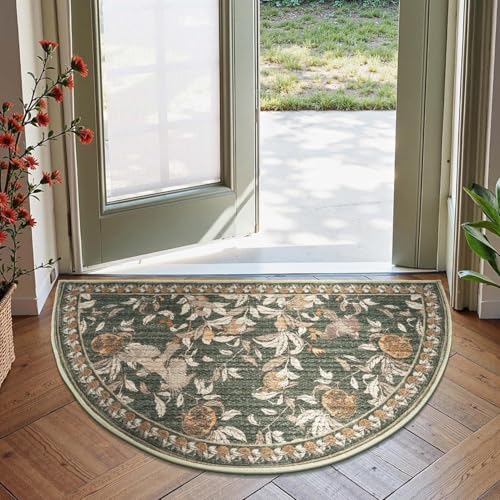 jinchan Eden Botanical Vintage Washable Small Area Rug, 2x3 Half Circle Floral Entryway Rug, Low Pile Soft Non Slip Doormat Dirt Trapping Carpet for Entrance Kitchen Bathroom Vanity, Green