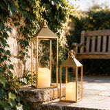 Set of 2 Decorative Lanterns with Candles, Gold Metal Lanterns Decor