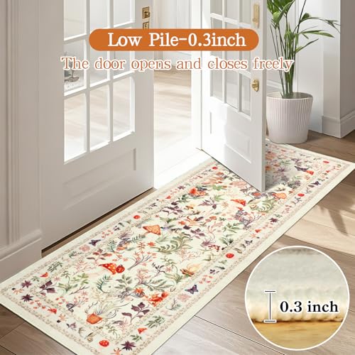 nesrt Cute Runner Rugs for Hallway 2x6ft, Non Slip Fantasy Kitchen Rug Washable, Soft Thin Jungle Fox Bedside Runners, Cute Woodland Accent Floor Carpet for Bedroom Hall Bathroom Laundry (Beige)