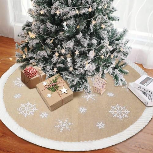 AerWo 48inch Christmas Tree Skirt with White Snowflake, Burlap Tree Skirt with Fur Sides Farmhouse Christmas Tree Skirts for Xmas Decor Festive Holiday Decorations Indoor Outdoor