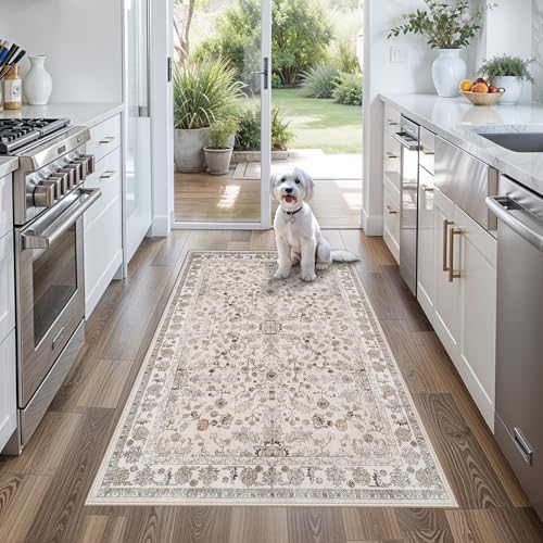 3x6 Kitchen Runner Rug Non Slip Washable - Soft Low Pile Stain-Resistant Wide Carpet Runner for Hallway Entryway Bedroom Bathroom with Rubber Backing - Boho Floral Door Mat(Beige,3x6)