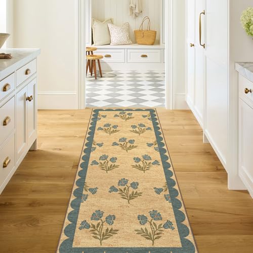 Non Slip Kitchen Runner Rug, 2x6 Blue Floral Hallway Runner Rugs