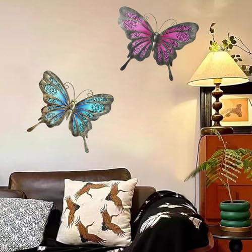 LIFFY Metal Butterfly Wall Decor,2Pack 12" Glass Butterfly Outdoor Wall Art Sculptures,Hanging Garden Decor Outside for Home,Yard,Fence,Patio