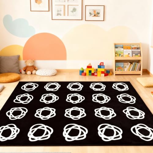 Large Classroom Rug, Black Classroom Seating Carpet with 20 White Circles Abstract for Preschool, 6×8.4ft Kids Circle Time Playroom Rug, Educational Area Rug for Daycare Elementary Playmat