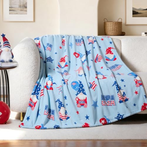 Cozy Bliss Gnome Patriotic Throw Blanket - 4th of July Warm MilkyPlush Throw Blankets,Ultra Soft Cozy Blankets for Couch,Sofa and Bed,Blue,50"x60"