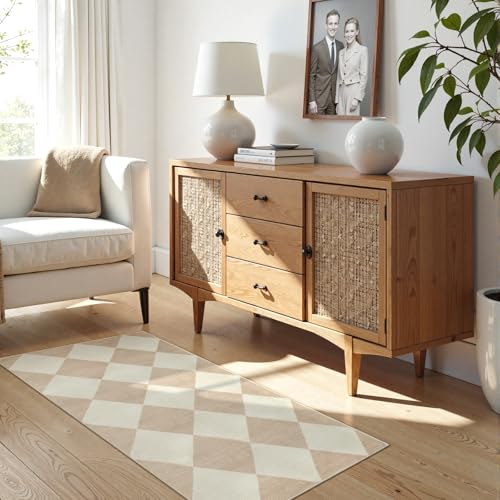Checkered Print Washable Runners for Hallways 2x4, Ultra Thin Beige Small Rugs for Entryway Low Pile Non Slip Bathroom Rug, Modern Geometric Decor Neutral Throw Rug for Kitchen Laundry Bedroom