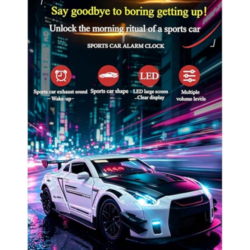 RC Sports Car Alarm Clock, LED Digital Desk Clock with Engine Sound Effects, Remote Control, Spray & Lighting Effects Opening Doors/Hood/Trunk Desk Clock Decor for Adults -White