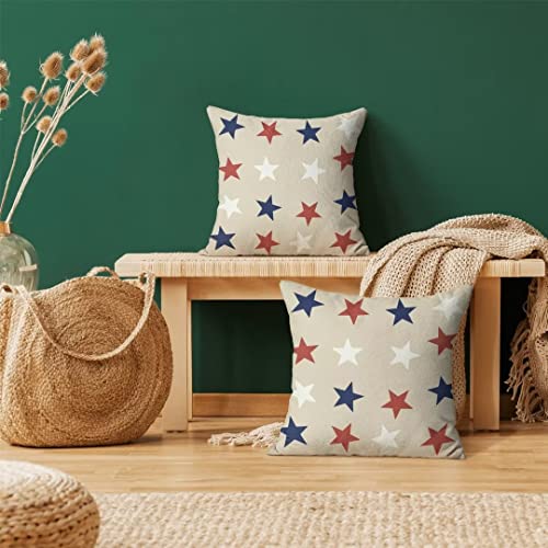 4th of July Throw Pillow Cover, 18x18 Inch Set of 2 Blue Red White Stars Patriotic Decorative Outdoor Cushion Cover Independence Memorial Day Pillow Cases Linen Farmhouse for Sofa Couch Bed
