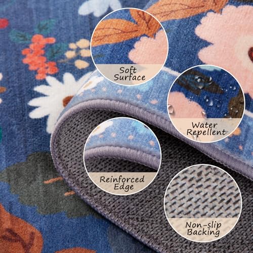 RELEANY Floral Washable Square 8ft Area Rug Blue/Grey