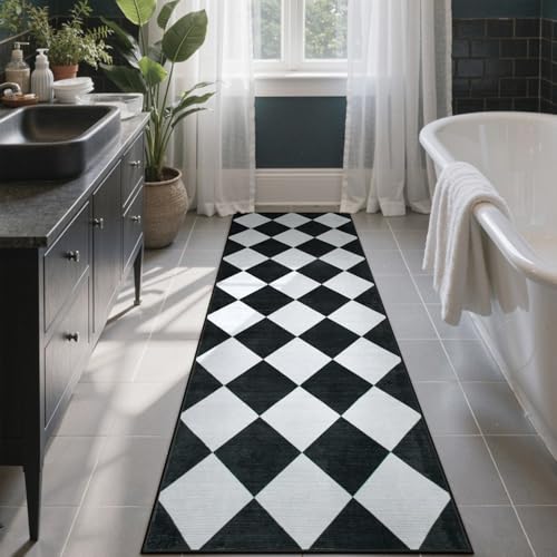 Checkered Print Black Bathroom Runner Rug 2x6, Washable Ultra Thin Non Slip Laundry Room Rug Moroccan Stain Resistant Kitchen Runner, Modern Trellis Carpet for Hallway Bedroom Entryway Decor