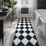 Checkered Print Black Bathroom Runner Rug 2x6, Washable Ultra Thin Non Slip Laundry Room Rug Moroccan Stain Resistant Kitchen Runner, Modern Trellis Carpet for Hallway Bedroom Entryway Decor