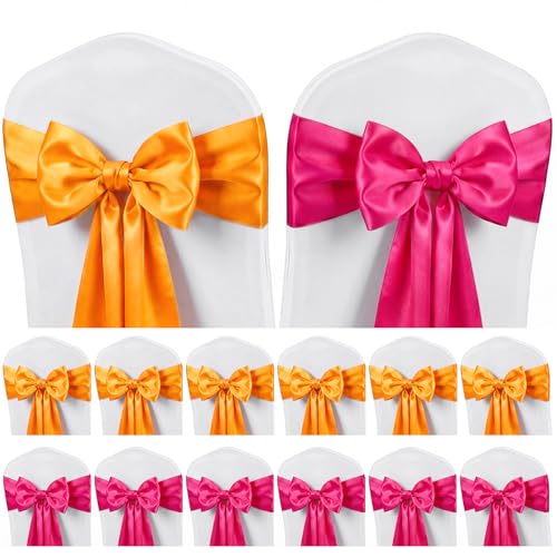 12 Pcs Pink and Orange Satin Chair Sashes Bows, 6 Orange & 6 Hot Pink Chair Ties for Sunset Wedding Reception Party Banquet Decorations, Universal Cover Sashes
