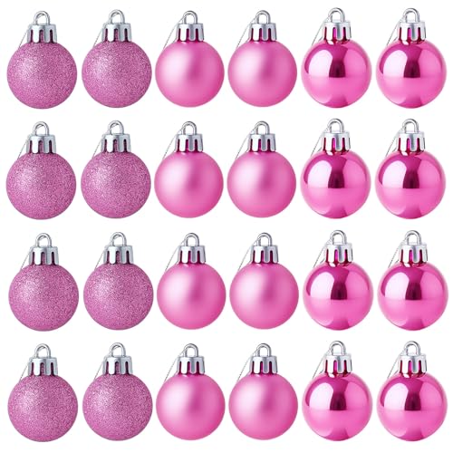 24pcs Mini Pink Shatterproof Christmas Ball Ornaments, 1.18 Inch Plastic Christmas Tree Decorations, Shiny Matte Glitter Ornaments for Pastel Tree Wreath Garland Holiday Party Decor