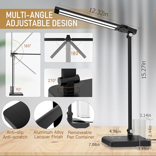 Dimmable LED Desk Lamp with USB Charging Port, 50 Lighting Modes Dual Swing Arm Architect Table Lamp Light Desk Lamp for Home Office Dorm Piano Nail