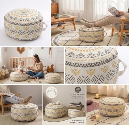 MOCOFO Unstuffed Round Pouf Cover, Boho Geometric Ottoman Footstool Cover with Handle, Decorative Floor Pillow & Storage Bean Bag for Living Room, Nursery, Patio (Yellow,18x18x8)