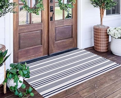 Blue and White Outdoor Rug 24'' x 51''Front Porch Rug Hand-Woven Machine Washable Indoor Layered Door Mats for Entryway/Bedroom