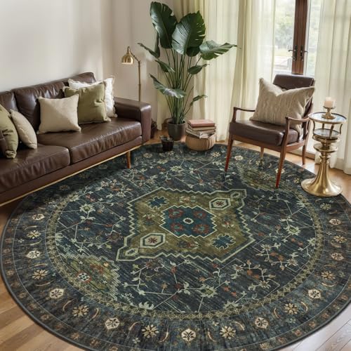 Tangsoo Green Large Round Area Rugs 6ft, Boho Washable Non Slip Circle Rug