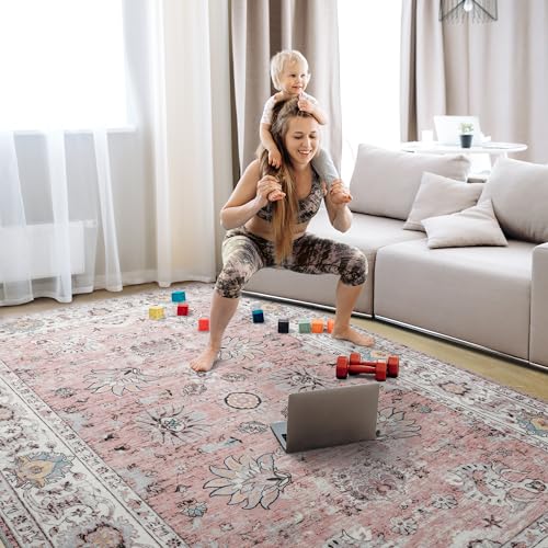 Machine Washable Rug 4x6 Boho Area Rug, Pink Rugs for Bedroom Girls Bedside Living Room Dining Room Office, Anti Slip Low-Pile Stain Resistant Printed Vintage Floral Carpet Rugs