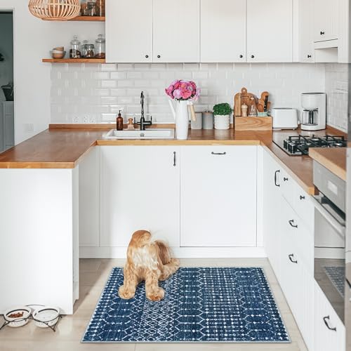 Lahome Moroccan Indoor Rugs for Entryway 2x3 Area Rug Non-Slip Backing Washable Inside Door Mats Low-Profile Throw Soft Rugs for Bathroom, Geometric Print Distressed Blue Rug for Kitchen Bedside Hana
