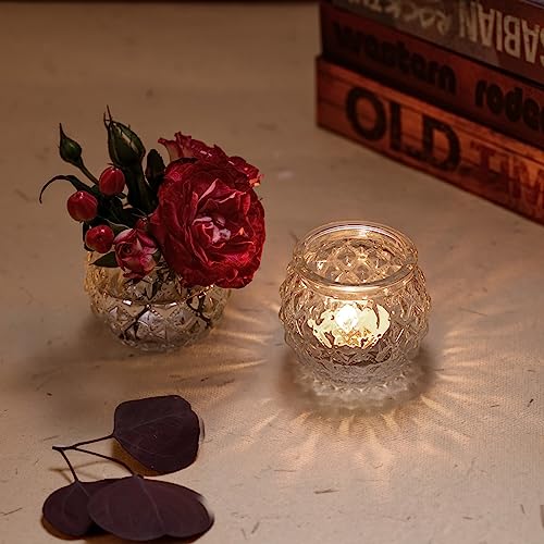 Clear Votive Candle Holders Set of 24- Round Glass Candle Holders Bulk for Tea Light Candle, Diamond Texture Candle Votives for Wedding Centerpiece, Living Room & Home Table Decor