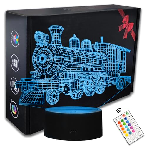 Train Night Light, 16 Color 3D LED Night Lamp for Boys - Trains Themed Bedroom Lamps, Optical Illusion Lamp with Remote Control, Perfect for Kids' Room Décor, Cool Gifts for Train Lovers
