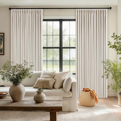 90 Inch Pinch Pleated Blackout Linen Curtains for Bedroom 2 Panels Memory Trained 100% Black Out Soundproof Room Darkening Natural Cream Ivory Birch Window Curtains Double Layer Pinch Pleat Drapes