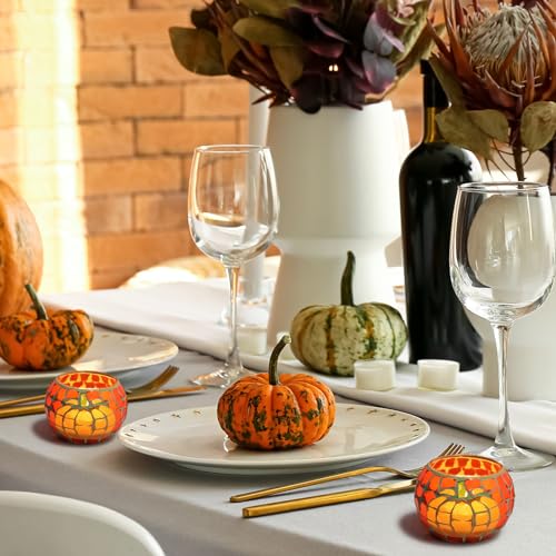 4 PCS Pumpkin Candle Holders, Fall Table Centerpiece Decorations, 100% Mosaic Glass Votive Tealight Candle Holders for Thanksgiving Halloween Indoor Outdoor Decor
