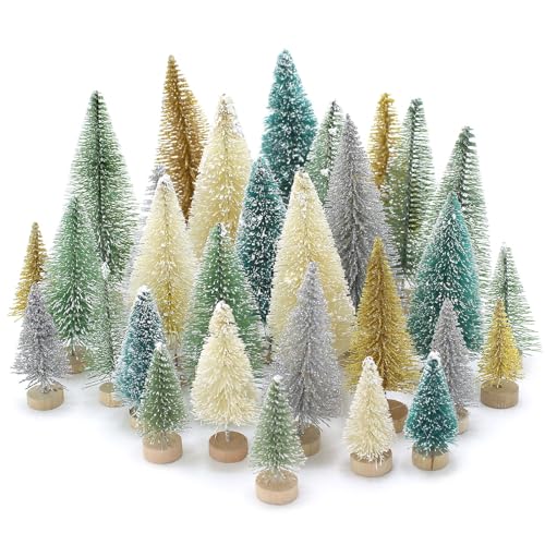 30PCS Bottle Brush Christmas Trees Mini Bottle Brush Trees with Wood Base Tabletop Small Christmas Village Tree, Xmas Holiday Decor