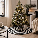 MACTING Christmas Black and White Tree Skirt, 30 Inch Annual Rings Tree Mat with Pom Poms for Xmas Tree Halloween Indoor Home Holiday Party Christmas Decorations