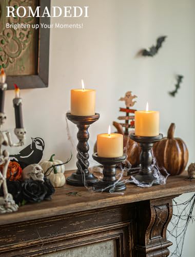 Romadedi Solid Wood Pillar Candle Holder, Black, Set of 3, 8.3/5.9/3.9-in